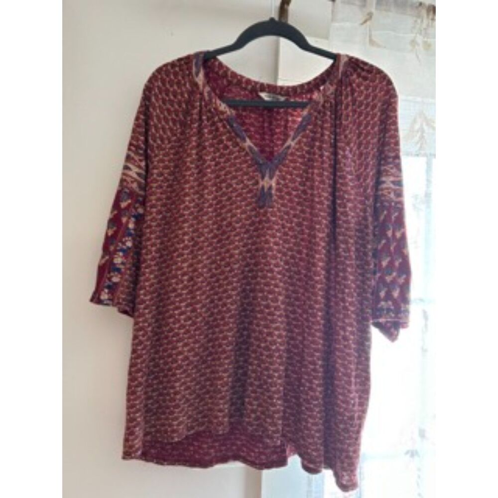 Lucky Brand Boho Print Top Women’s 2X Red Pattern Tunic Blouse